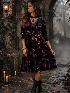 Roz & Ali‎ Dress Women's Size 10 Black Velvet w/  Purple Red Floral Whimsigoth
